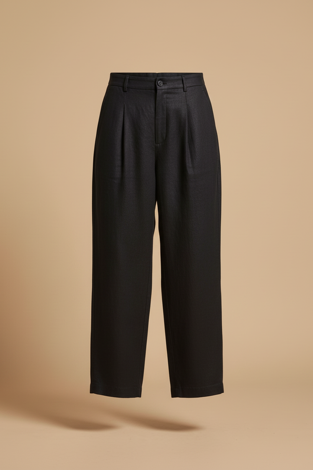 Pantalon Baggy Noir Lin Ample Plissé Élégant Femme - vue 3