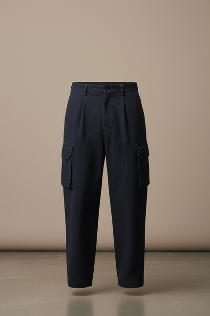 Pantalon Baggy Bleu Marine Coton Cargo Plissé Homme - Toile - vue 3