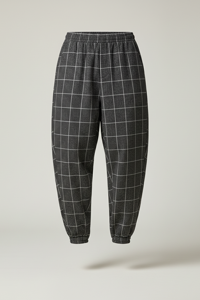Pantalon Baggy Carreaux Gris Ample Cordon Homme - Laine - vue 3