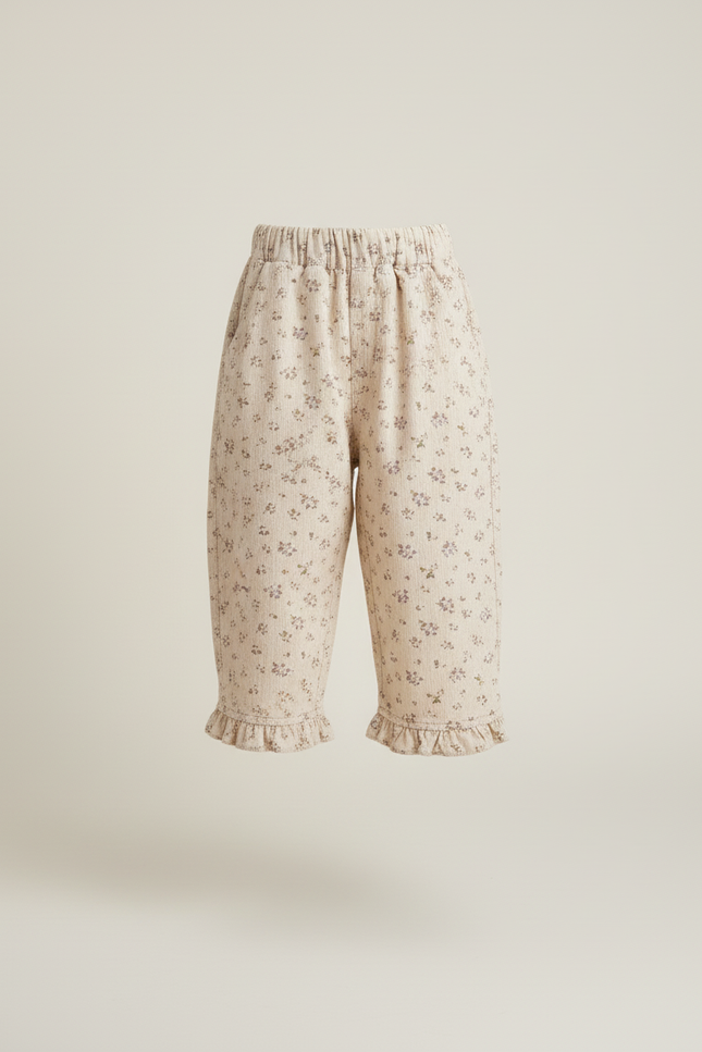 Pantalon Baggy Écru Côtelé Imprimé Floral Volants Fille - Cordé - vue 3