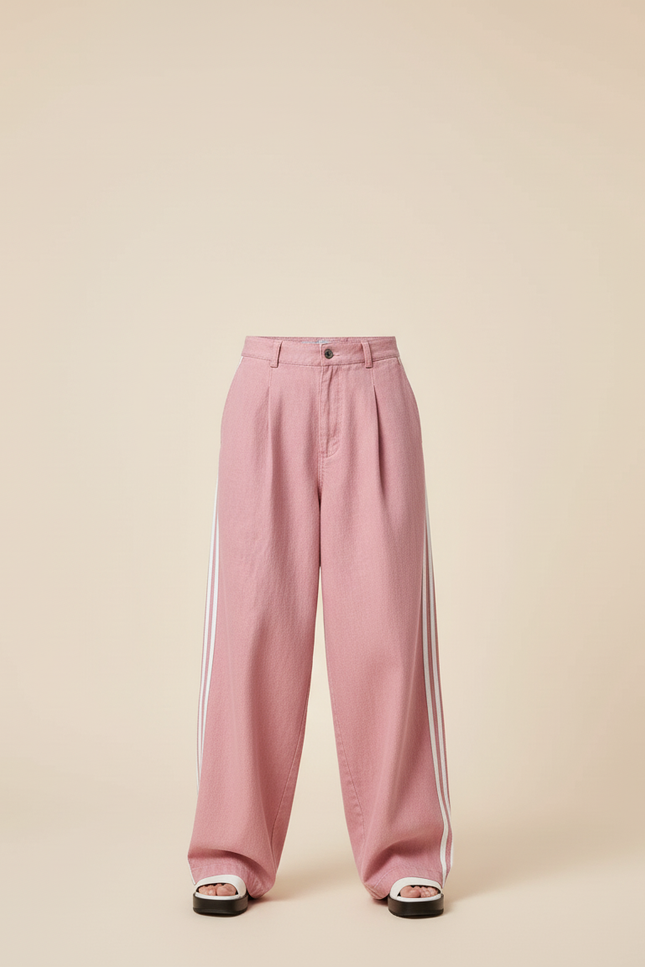 Pantalon Baggy Rose Rayures Blanches Ample Femme - Jean - vue 3