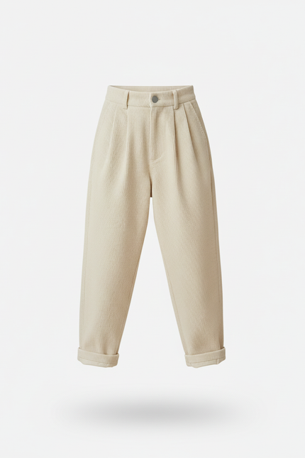 Pantalon Baggy Côtelé Crème Ample Plissé Décontracté - Beige Cordé - vue 3