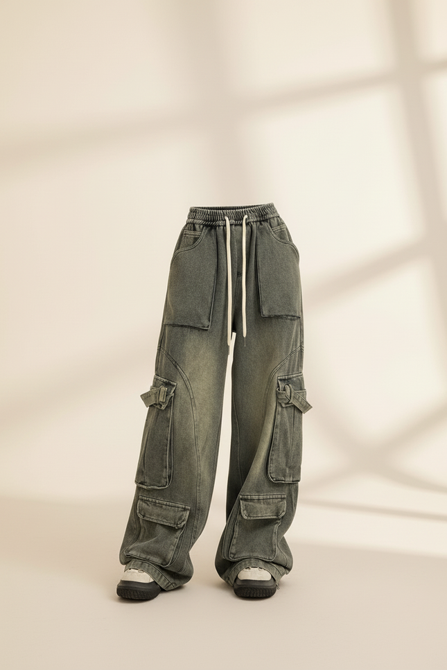 Pantalon Baggy Cargo Délavé Ample Cordon Femme - Kaki Jean - vue 3