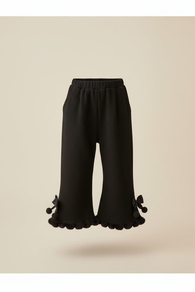 Pantalon Baggy Noir Évasé Pompons Fille Hiver - Maille - vue 3