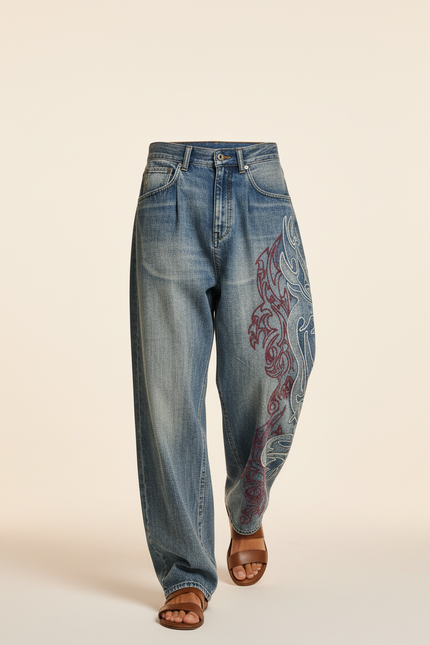 Pantalon Baggy Denim Ample Brodée Vintage Homme - Bleu Jean - vue 3