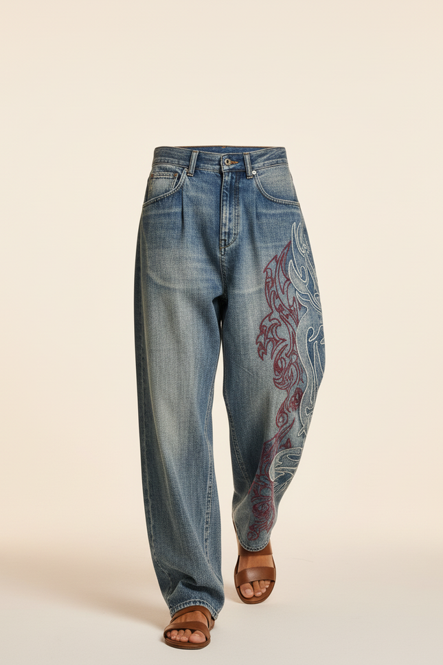 Pantalon Baggy Denim Ample Brodée Vintage Homme - Bleu Jean - vue 3