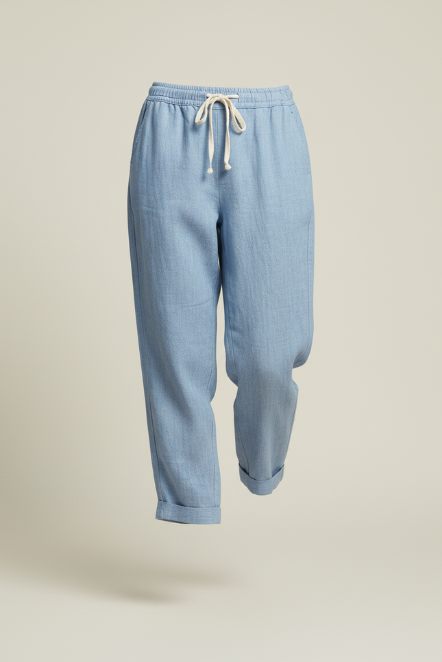 Pantalon Baggy Bleu Lin Ample Cordon Décontracté - vue 3
