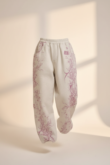Pantalon Baggy Gris Imprimé Floral Ample Streetwear - Molleton - vue 3