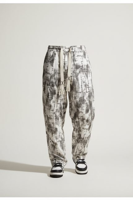 Pantalon Baggy Blanc Noir Imprimé Ample Cordon Homme - Lin - vue 3