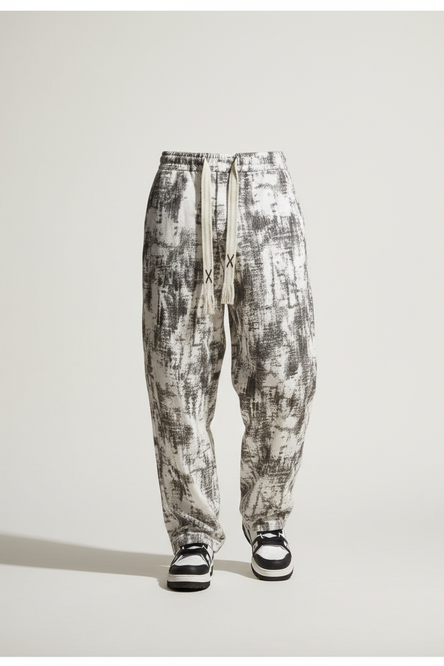 Pantalon Baggy Blanc Noir Imprimé Ample Cordon Homme - Lin - vue 3