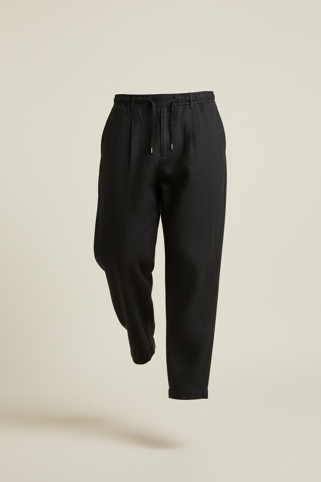 Pantalon Baggy Homme Noir Taille Élastique Toile - Lin - vue 3