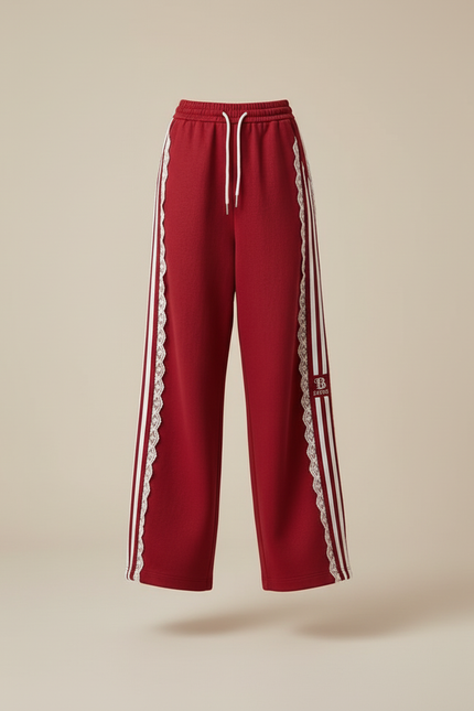 Pantalon Baggy Rouge Rayures Blanches Dentelle Fluide - Molleton - vue 3