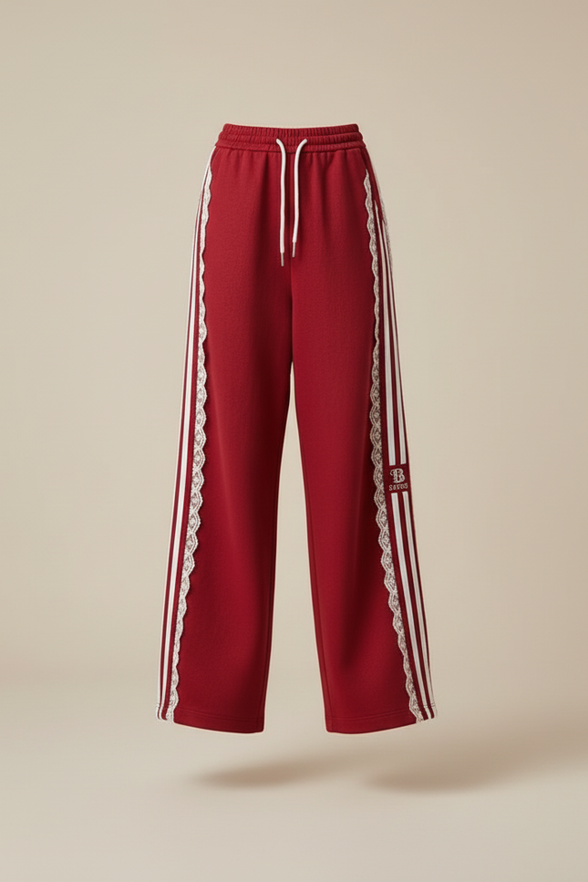 Pantalon Baggy Rouge Rayures Blanches Dentelle Fluide - Molleton - vue 3