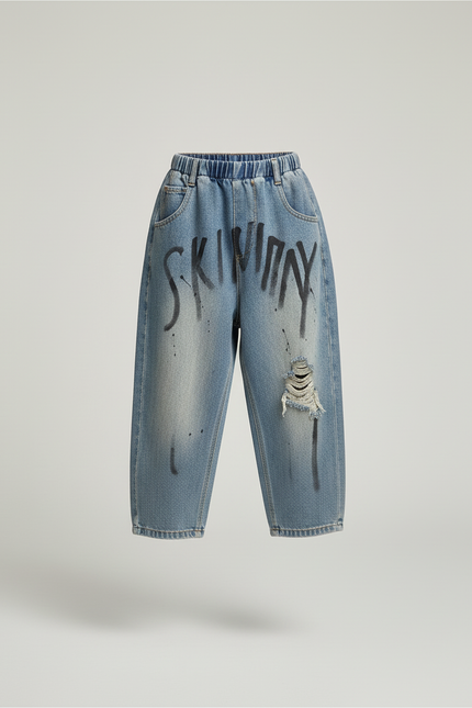 Pantalon Baggy Jean Bleu Graffiti Ample Déchiré Enfant - vue 3