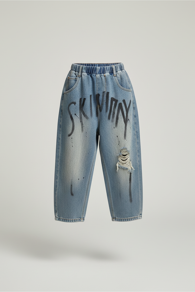Pantalon Baggy Jean Bleu Graffiti Ample Déchiré Enfant - vue 3