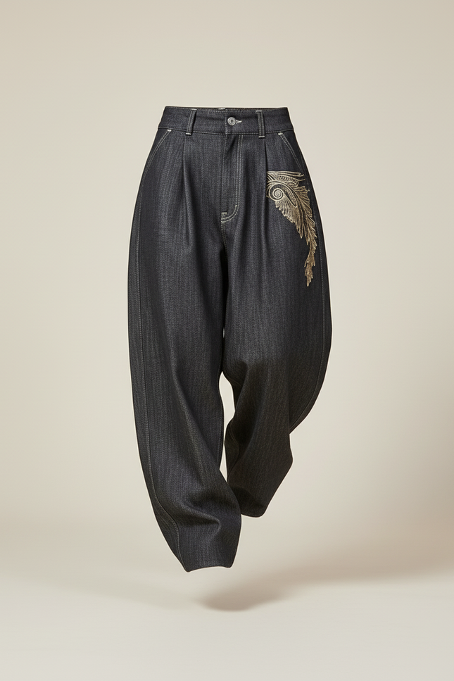 Pantalon Baggy Noir Denim Ample Brodé Femme - Jean - vue 3