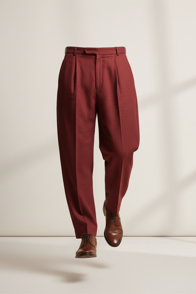 Pantalon Baggy Rouge Brique Ample Plissé Décontracté Homme - Bordeaux Laine - vue 3