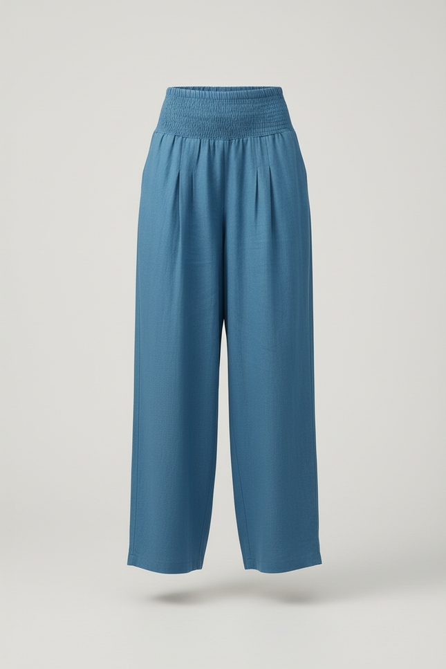 Pantalon Baggy Bleu Fluide Smocké Décontracté Femme - Lin - vue 3