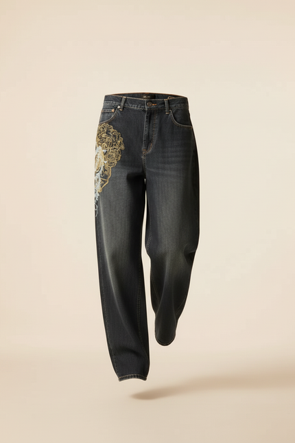 Pantalon Baggy Noir Délavé Brodé Ample Streetwear - Jean - vue 3