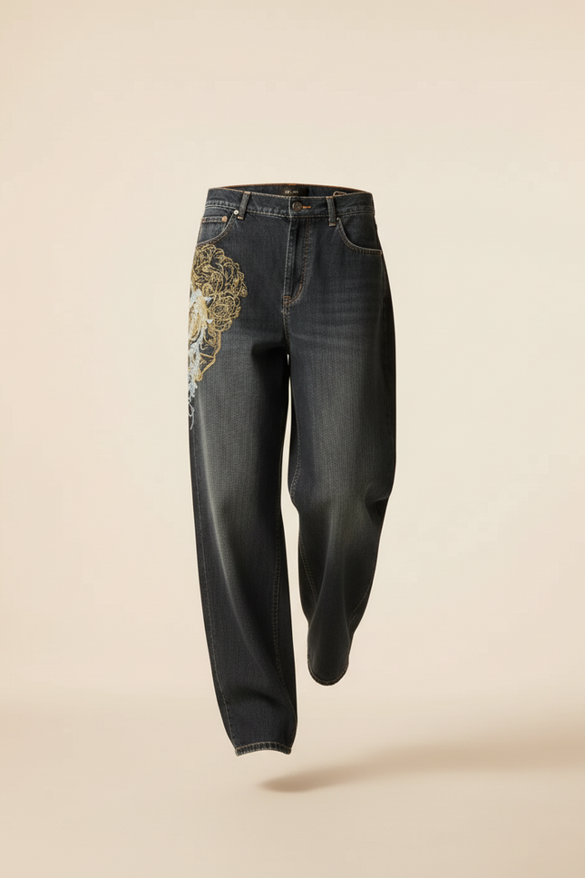 Pantalon Baggy Noir Délavé Brodé Ample Streetwear - Jean - vue 3