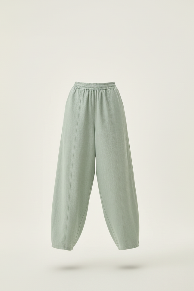 Pantalon Baggy Vert Menthe Lin Ample Taille Élastique - vue 3