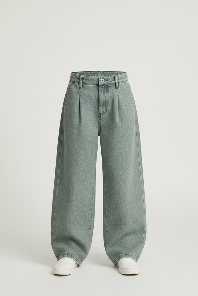 Pantalon Baggy Vert Jean Ample Plissé Enfant - vue 3