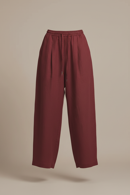 Pantalon Baggy Bordeaux Lin Fluide Taille Haute - vue 3