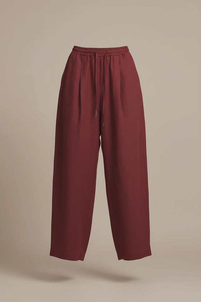 Pantalon Baggy Bordeaux Lin Fluide Taille Haute - vue 3