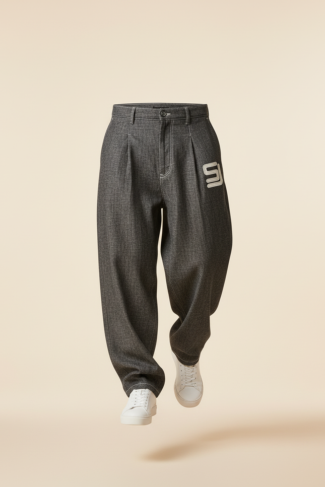 Pantalon Baggy Gris Plissé Ample Homme Brodé - Laine - vue 3