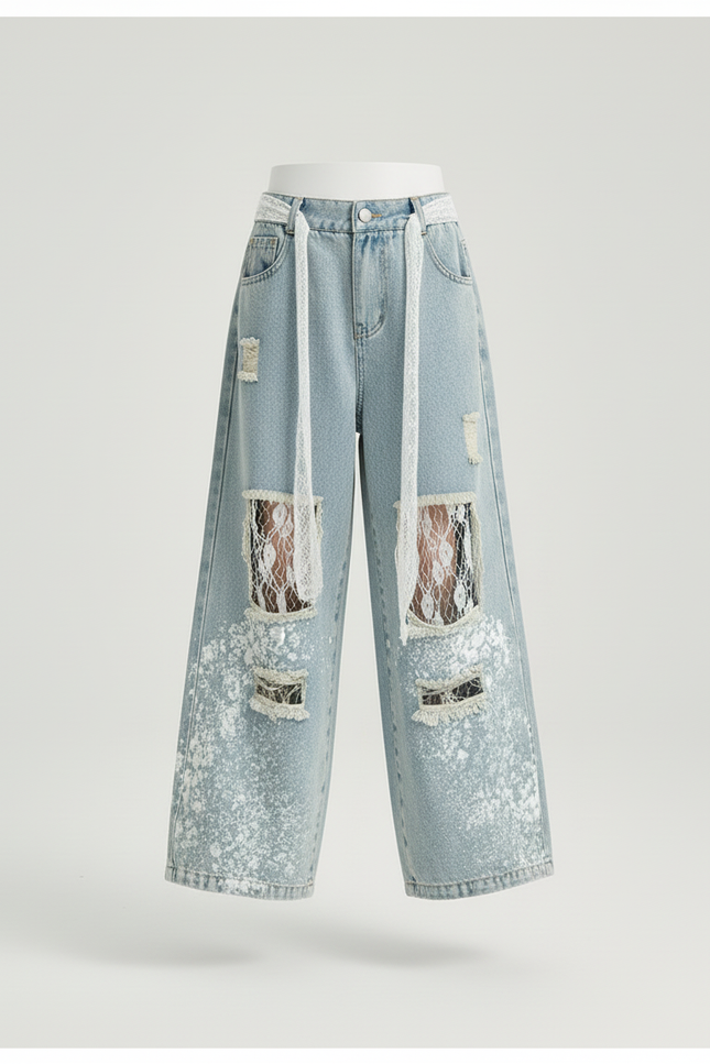Pantalon Baggy Bleu Délavé Dentelle Trous Ample Enfant - Jean - vue 3