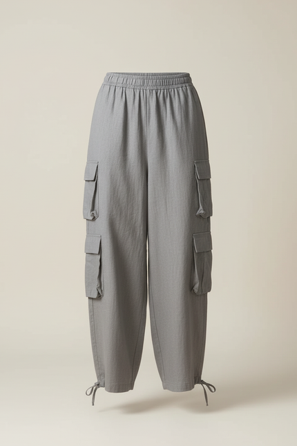 Pantalon Baggy Gris Cargo Ample Fluide Femme - Lin - vue 3