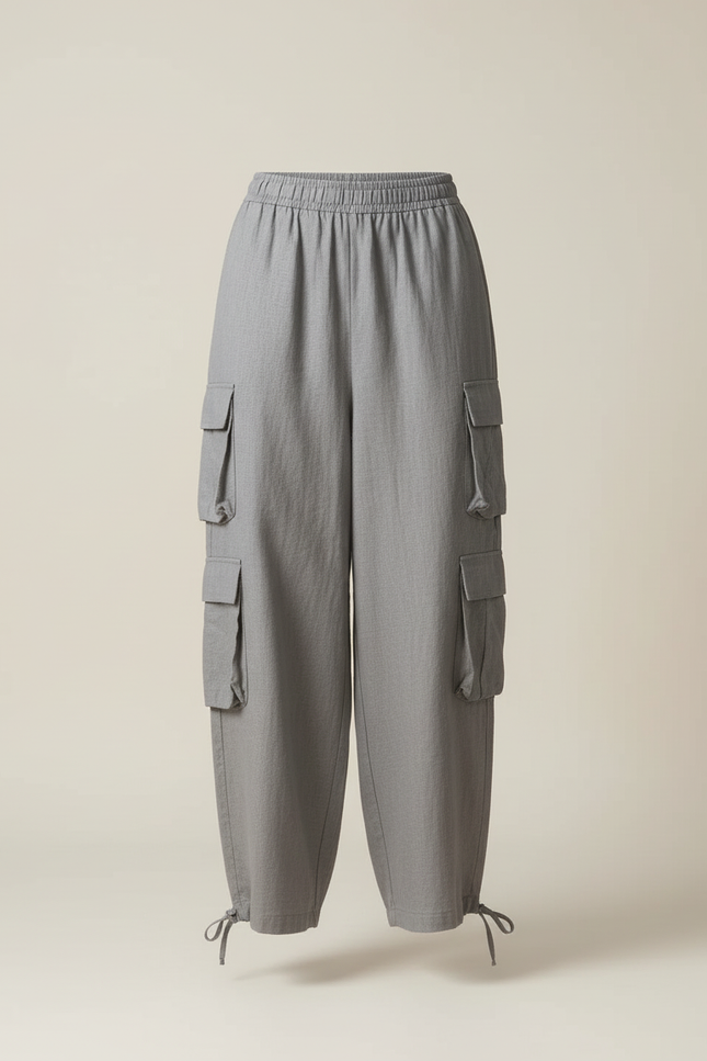 Pantalon Baggy Gris Cargo Ample Fluide Femme - Lin - vue 3
