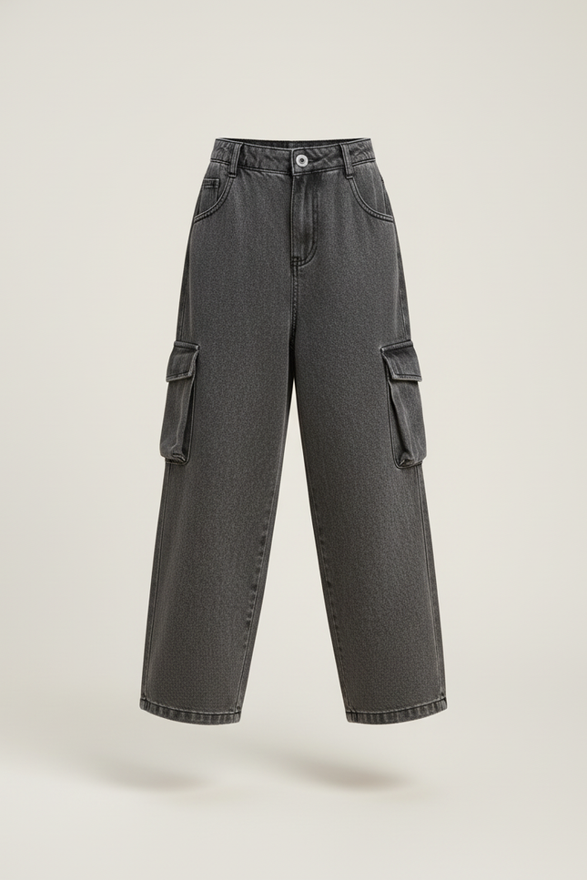 Pantalon Baggy Denim Gris Cargo Ample Enfant - Jean - vue 3