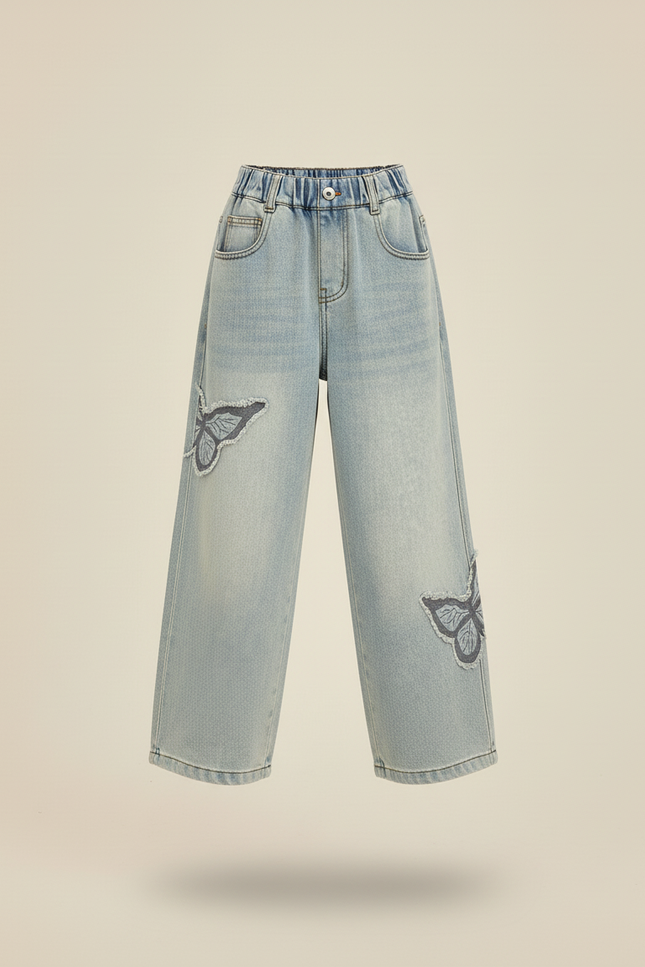 Pantalon Baggy Jean Bleu Papillon Ample Taille Élastique - vue 3