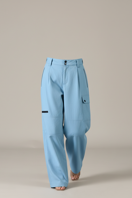 Pantalon Baggy Bleu Ciel Cargo Ample Taille Haute - Toile - vue 3