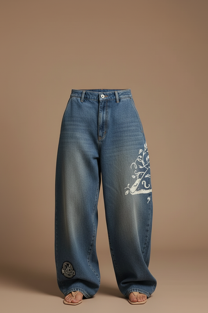 Pantalon Baggy Jean Bleu Imprimé Ample Streetwear Y2K - vue 3