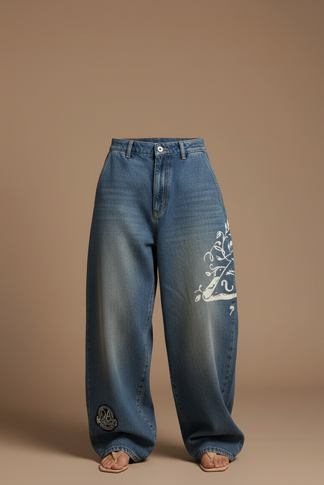 Pantalon Baggy Jean Bleu Imprimé Ample Streetwear Y2K - vue 3