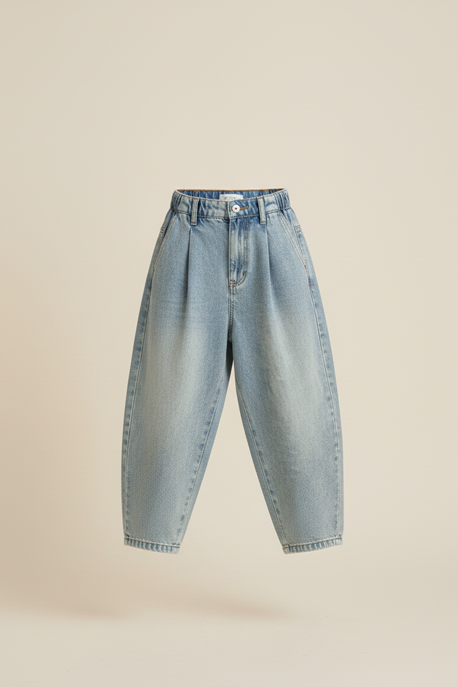 Pantalon Baggy Jean Bleu Clair Ample Plissé Décontracté - vue 3
