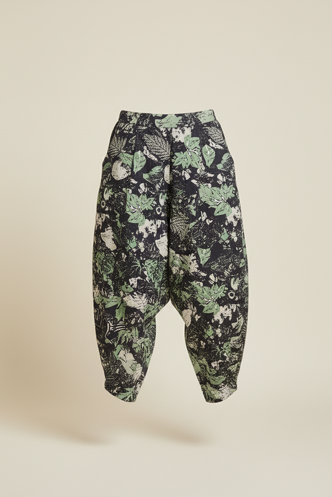 Pantalon Baggy Fleuri Vert Noir Ample Fluide Femme - Multicolore Lin - vue 3