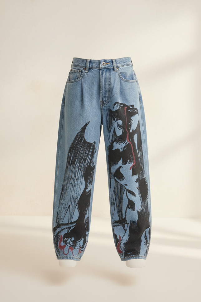 Pantalon Baggy Jean Clair Ample Imprimé Manga Fille - Bleu - vue 3