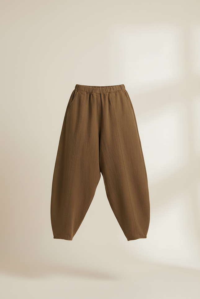 Pantalon Baggy Lin Coton Ample Élastique Marron Femme - Kaki - vue 3