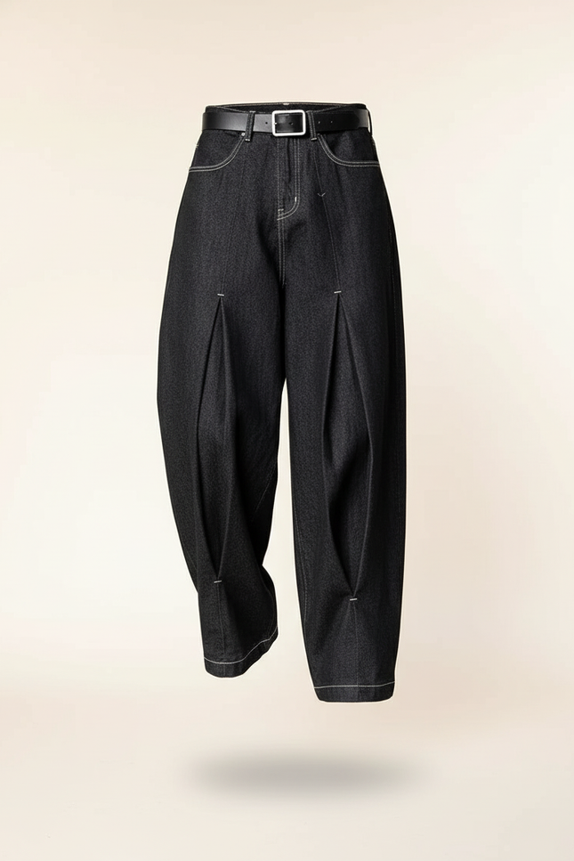 Pantalon Baggy Denim Noir Plissé Ample Streetwear - Jean - vue 3