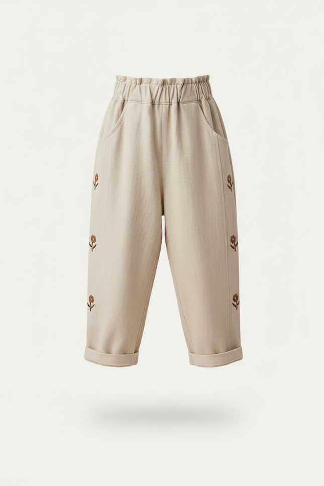 Pantalon Baggy Beige Brodé Coton Ample Enfant - vue 3