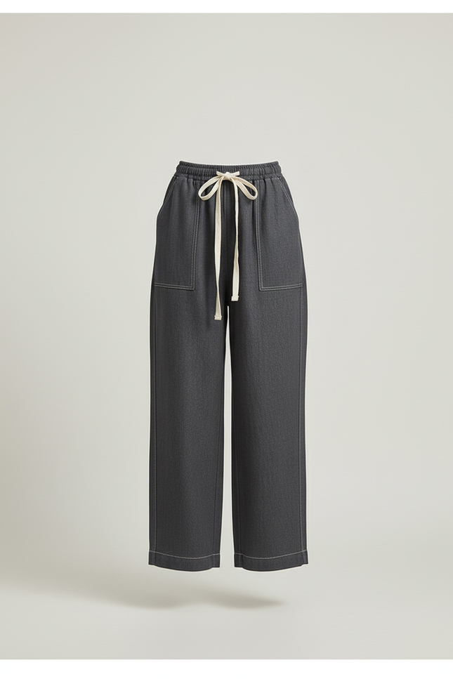 Pantalon Baggy Gris Foncé Cordon Large Décontracté Femme - Jean - vue 3