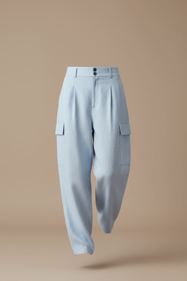 Pantalon Baggy Bleu Ciel Plissé Cargo Décontracté - Lin - vue 3