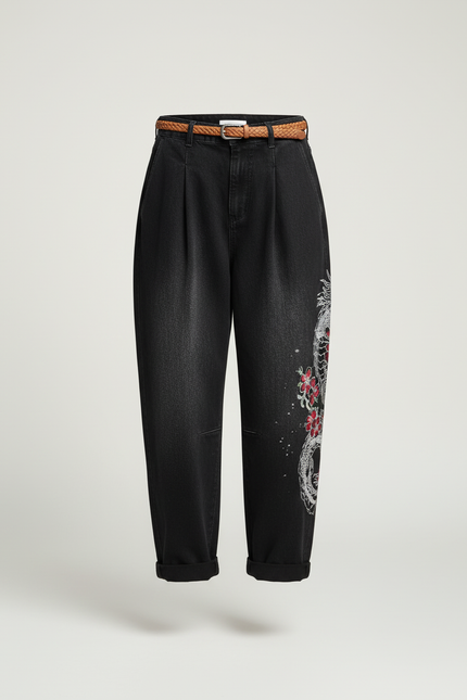 Pantalon Baggy Noir Dragon Imprimé Ample Décontracté Streetwear - Jean - vue 3