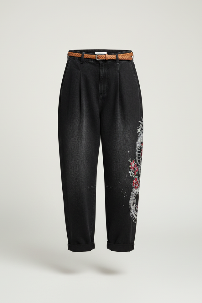 Pantalon Baggy Noir Dragon Imprimé Ample Décontracté Streetwear - Jean - vue 3
