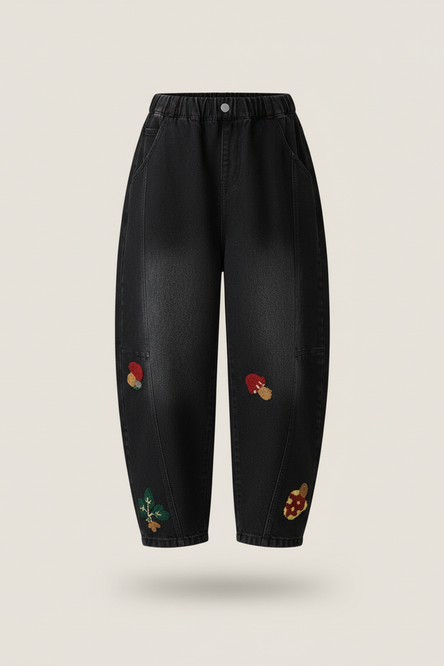 Pantalon Baggy Noir Brodé Champignons Ample Fille - Jean - vue 3