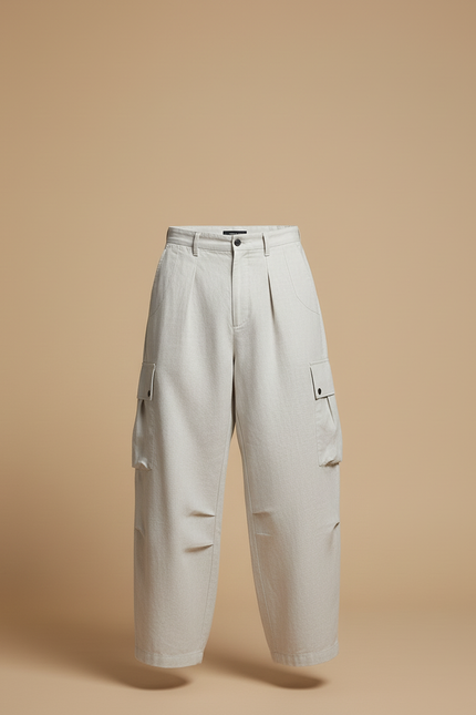 Pantalon Baggy Beige Cargo Ample Plissé Homme - Lin - vue 3