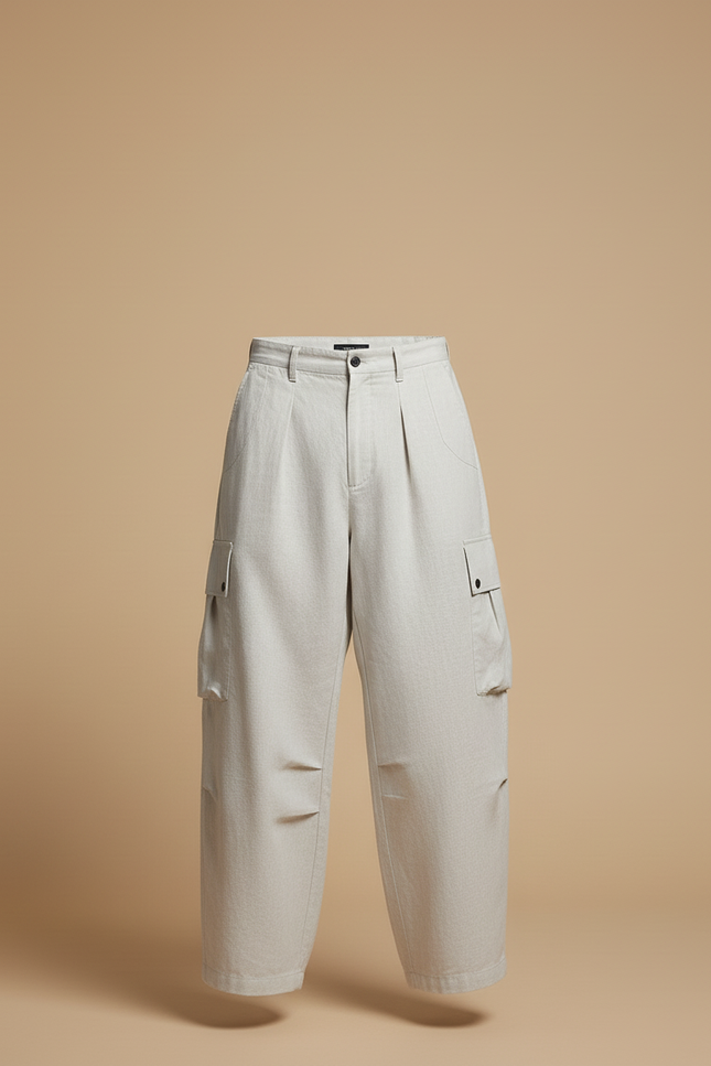 Pantalon Baggy Beige Cargo Ample Plissé Homme - Lin - vue 3